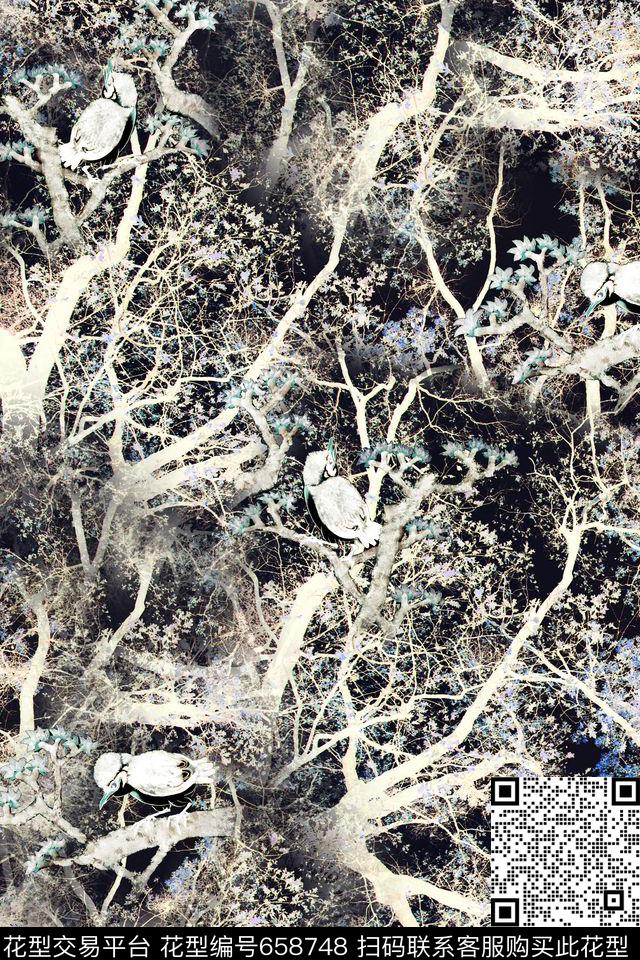 鸟树叶子数码印花华亿平台下载（图片编号: 658748） - 瓦栏（Walan）