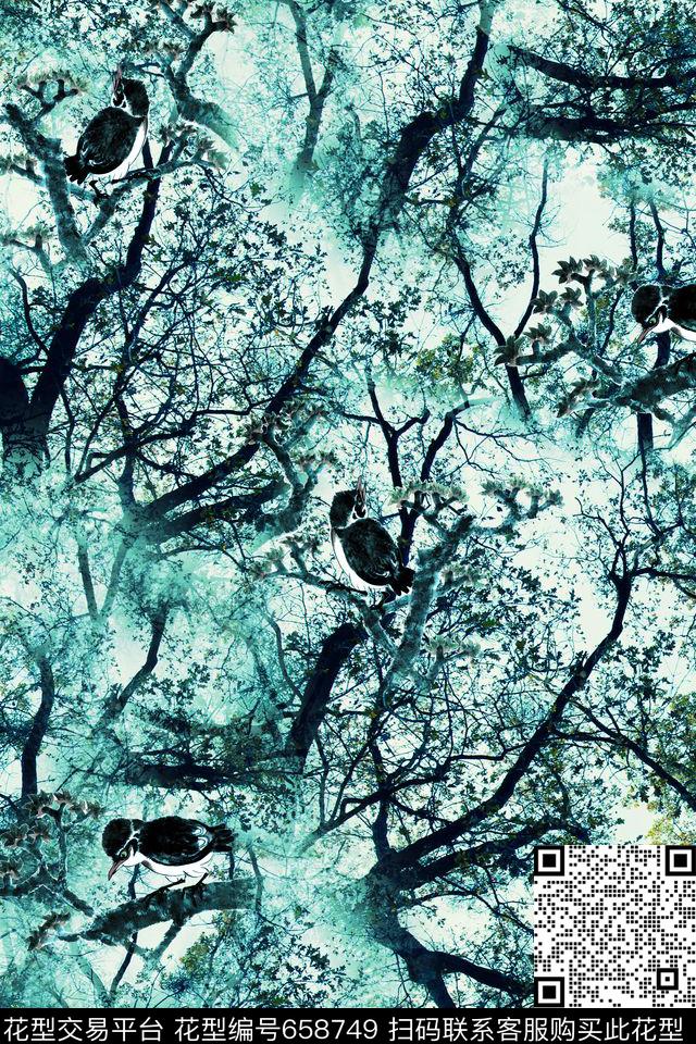 鸟树叶子数码印花华亿平台下载（图片编号: 658749） - 瓦栏（Walan）