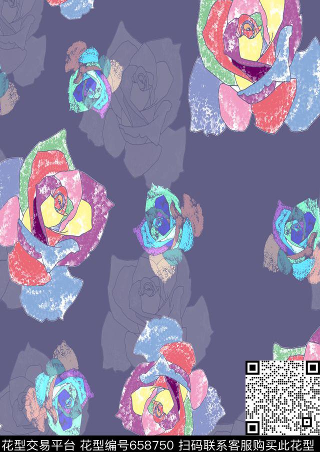玫瑰花卉彩色数码印花华亿平台下载（图片编号: 658750） - 瓦栏（Walan）