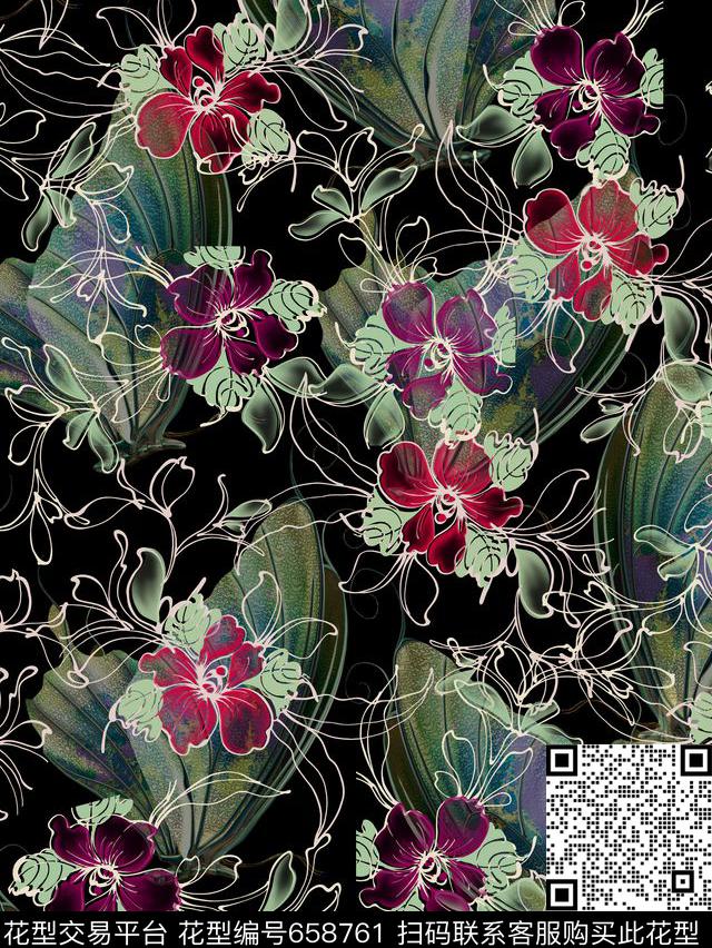 花朵手绘蝴蝶数码印花华亿平台下载（图片编号: 658761） - 瓦栏（Walan）