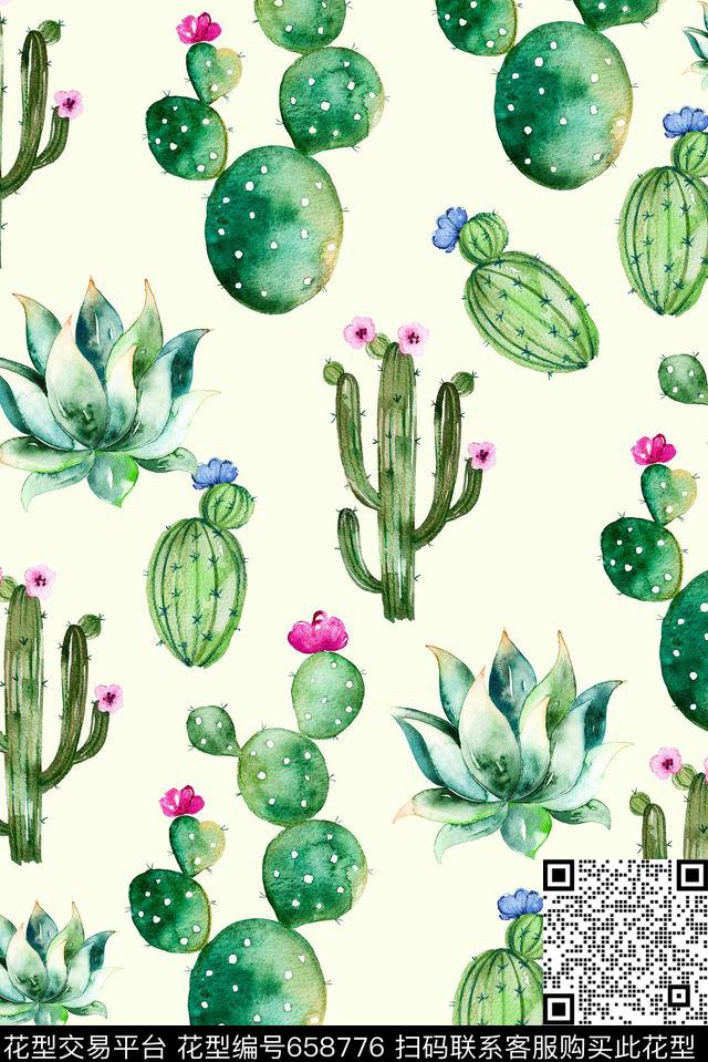 手绘仙人掌多肉数码印花华亿平台下载（图片编号: 658776） - 瓦栏（Walan）