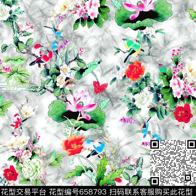 青花瓷水墨花中国风数码印花华亿平台下载（图片编号: 658793） - 瓦栏（Walan）