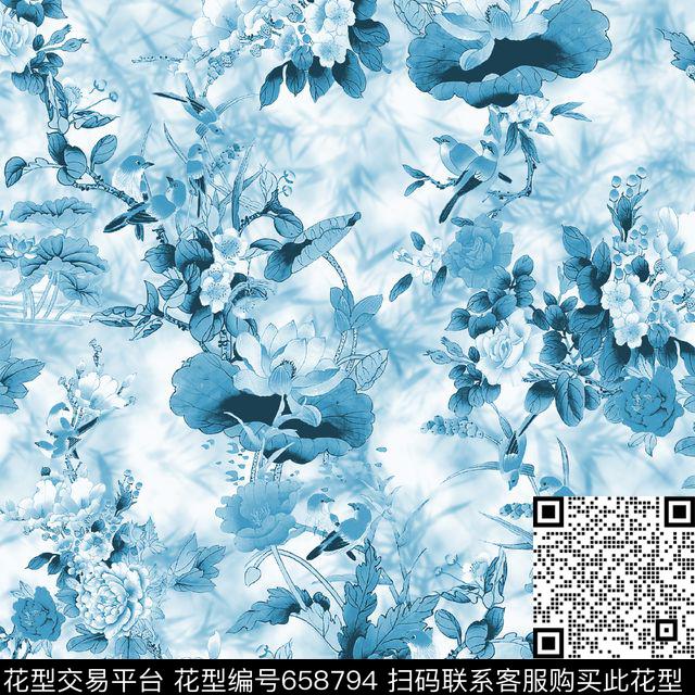 青花瓷水墨花中国风数码印花华亿平台下载（图片编号: 658794） - 瓦栏（Walan）