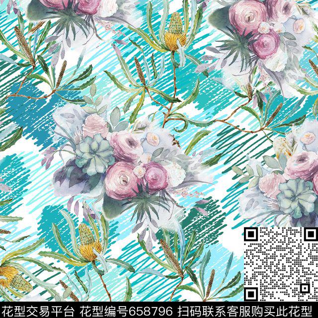 手绘花卉树枝数码印花华亿平台下载（图片编号: 658796） - 瓦栏（Walan）