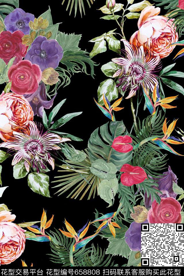 手绘热带花卉数码印花华亿平台下载（图片编号: 658808） - 瓦栏（Walan）