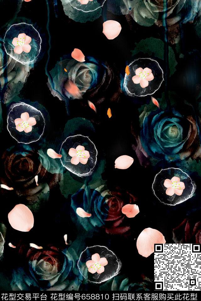 玫瑰桃花手绘数码印花华亿平台下载（图片编号: 658810） - 瓦栏（Walan）