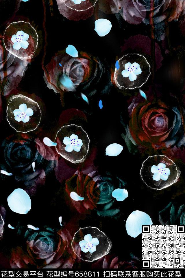 玫瑰桃花手绘数码印花华亿平台下载（图片编号: 658811） - 瓦栏（Walan）