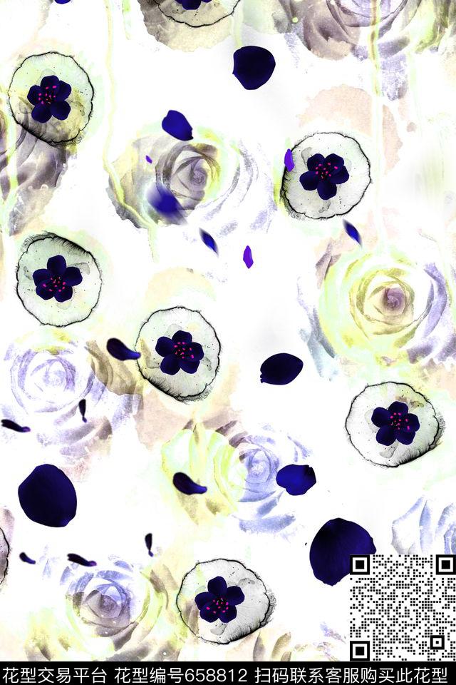 玫瑰桃花手绘数码印花华亿平台下载（图片编号: 658812） - 瓦栏（Walan）