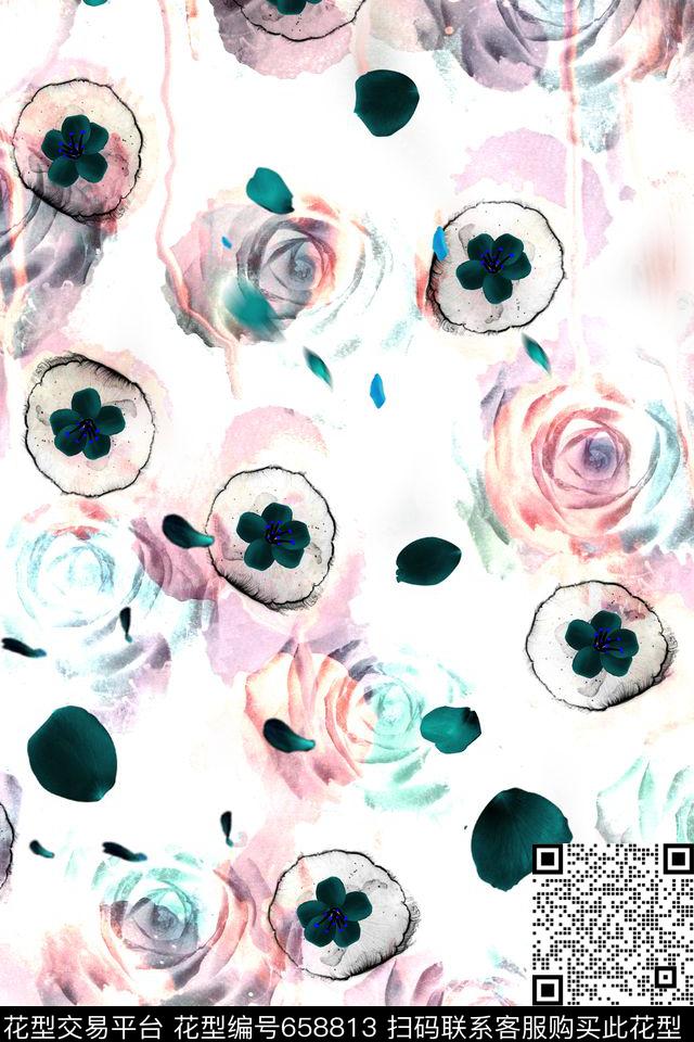 玫瑰桃花手绘数码印花华亿平台下载（图片编号: 658813） - 瓦栏（Walan）