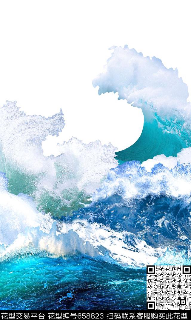 夏日清凉波涛海浪清新海洋数码印花华亿平台下载（图片编号: 658823） - 瓦栏（Walan）