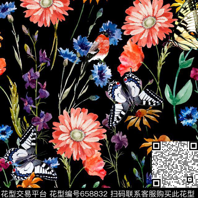 花卉蝴蝶鸟数码印花华亿平台下载（图片编号: 658832） - 瓦栏（Walan）