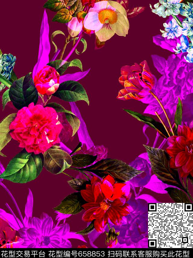乱花花朵手绘幻彩花卉数码印花华亿平台下载（图片编号: 658853） - 瓦栏（Walan）