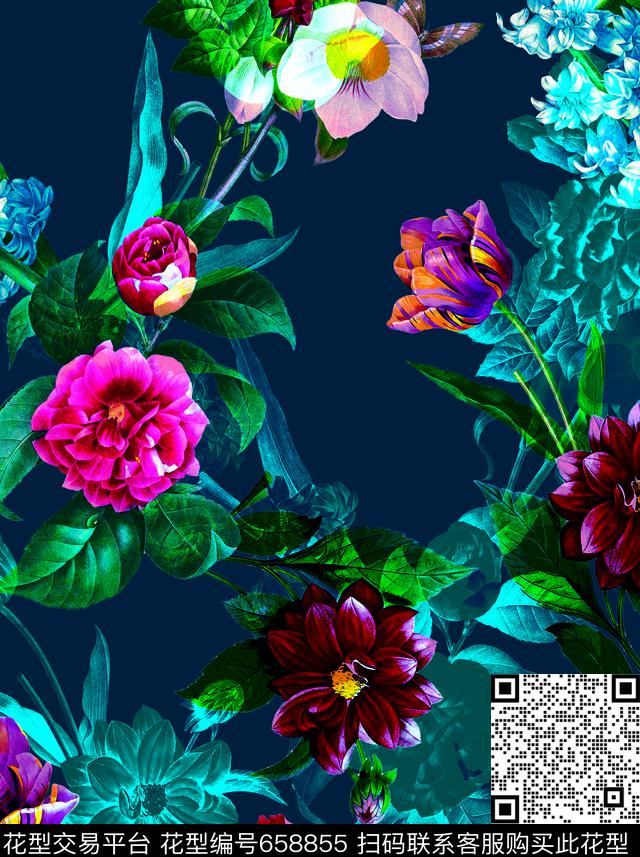 乱花花朵手绘幻彩花卉数码印花华亿平台下载（图片编号: 658855） - 瓦栏（Walan）
