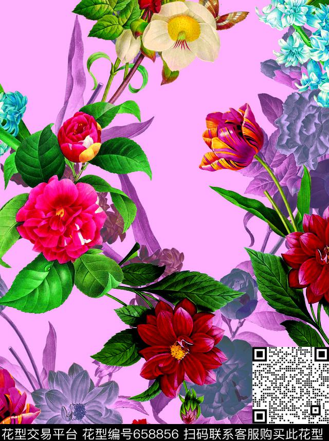 乱花花朵手绘幻彩花卉数码印花华亿平台下载（图片编号: 658856） - 瓦栏（Walan）