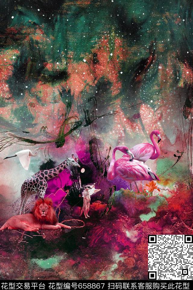 火烈鸟热带丛林数码印花华亿平台下载（图片编号: 658867） - 瓦栏（Walan）