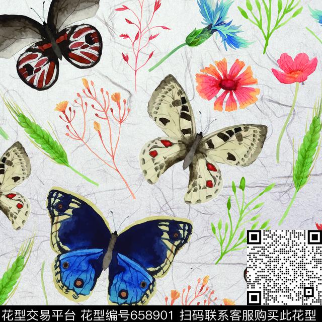 动物纹花草组合蝴蝶花草数码印花华亿平台下载（图片编号: 658901） - 瓦栏（Walan）