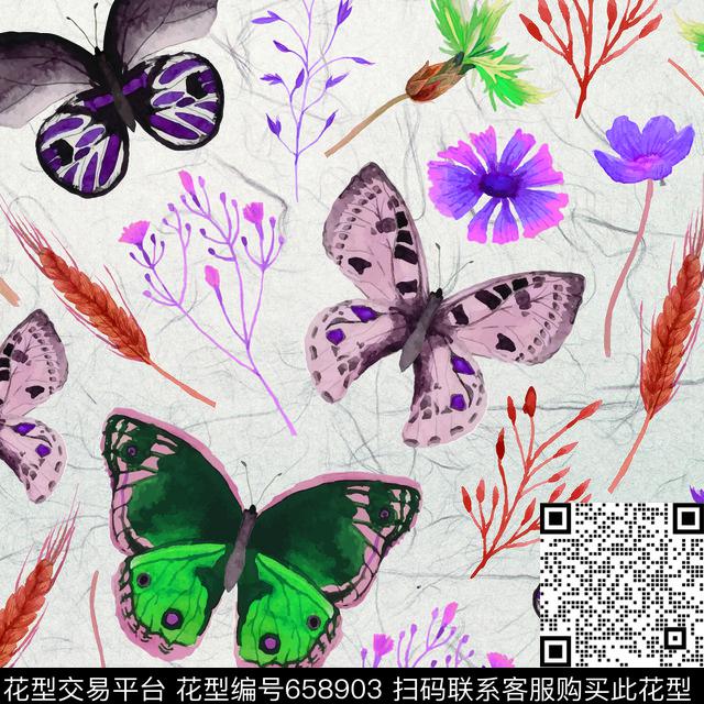 动物纹花草组合蝴蝶花草数码印花华亿平台下载（图片编号: 658903） - 瓦栏（Walan）