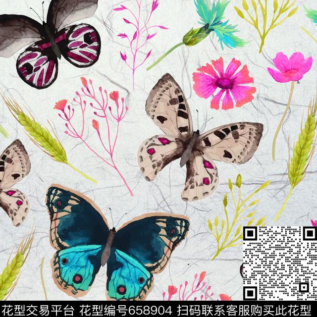 动物纹花草组合蝴蝶花草数码印花华亿平台下载（图片编号: 658904） - 瓦栏（Walan）
