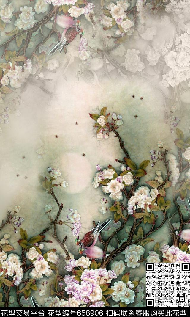 手绘花卉花鸟数码印花华亿平台下载（图片编号: 658906） - 瓦栏（Walan）