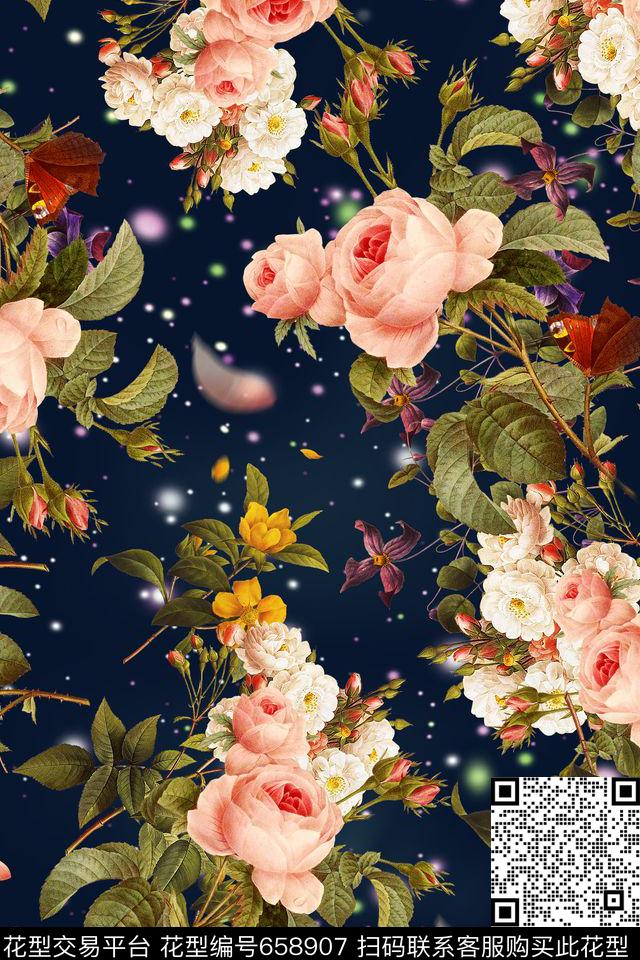 手绘玫瑰花卉数码印花华亿平台下载（图片编号: 658907） - 瓦栏（Walan）