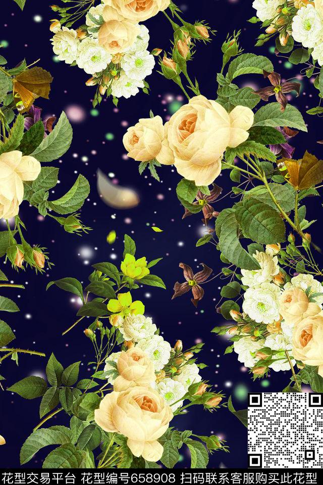 手绘玫瑰花卉数码印花华亿平台下载（图片编号: 658908） - 瓦栏（Walan）