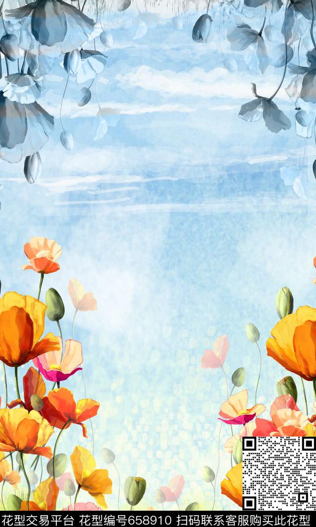 花卉郁金香手绘花卉数码印花华亿平台下载（图片编号: 658910） - 瓦栏（Walan）
