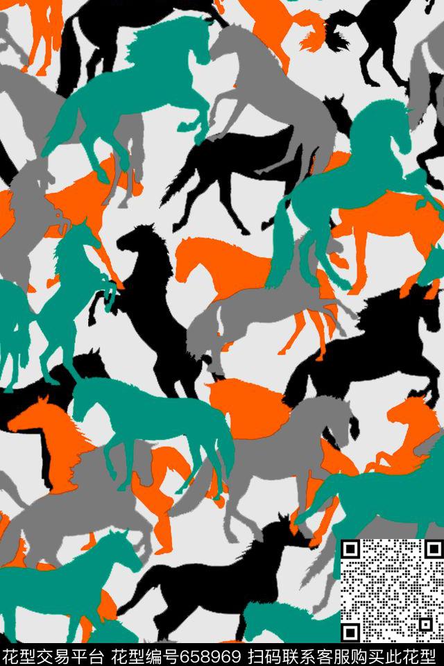 剪影马动物纹迷彩传统印花华亿平台下载（图片编号: 658969） - 瓦栏（Walan）