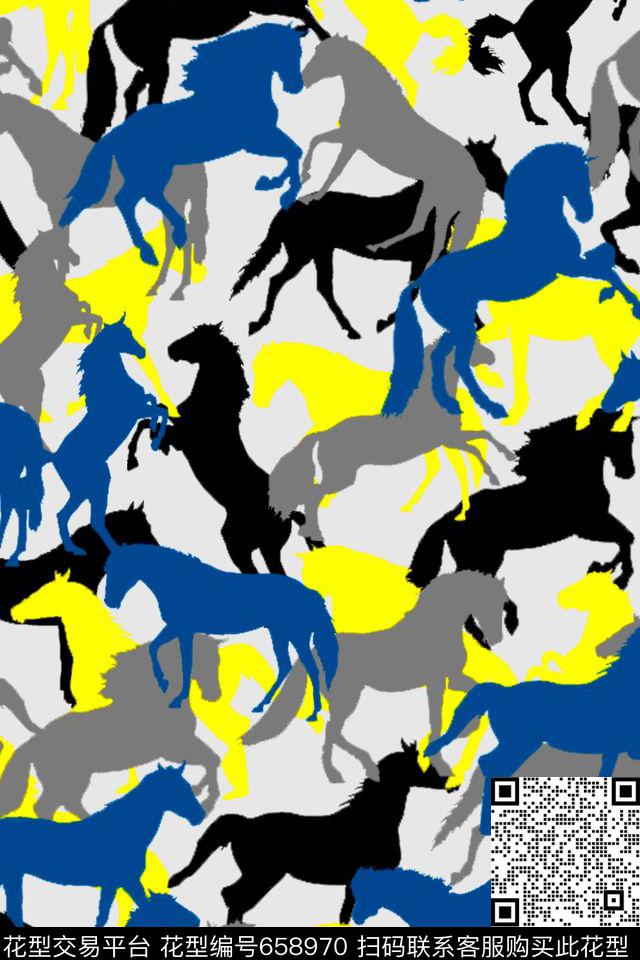 剪影马动物纹迷彩传统印花华亿平台下载（图片编号: 658970） - 瓦栏（Walan）