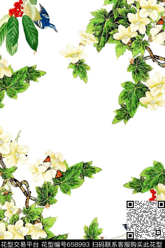 玉兰花中国风蝴蝶数码印花华亿平台下载（图片编号: 658993） - 瓦栏（Walan）