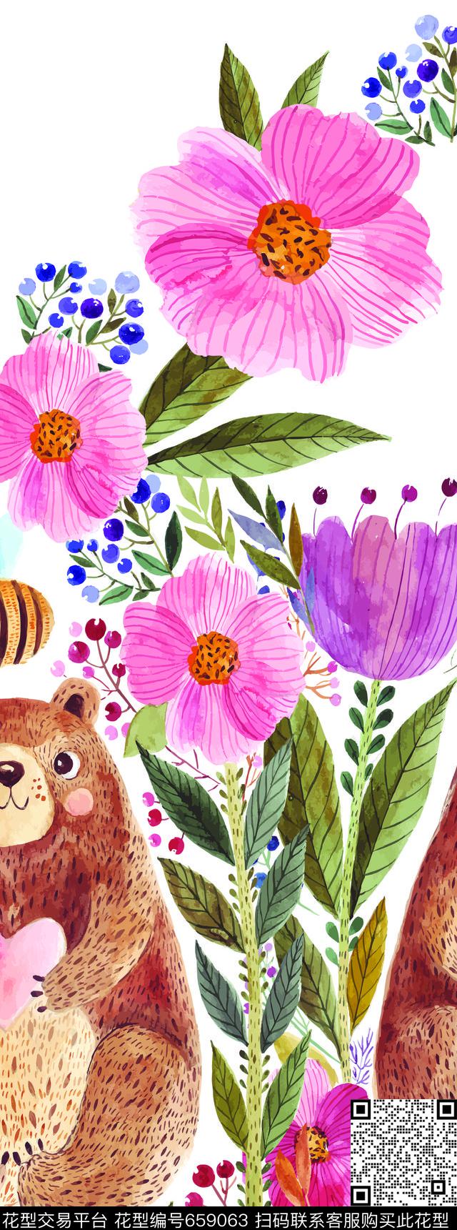 熊动物纹动物花丛传统印花华亿平台下载（图片编号: 659063） - 瓦栏（Walan）