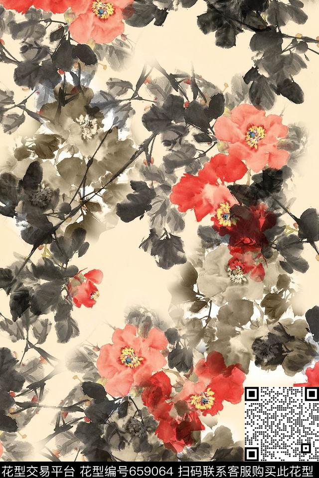 国画中国风花朵数码印花华亿平台下载（图片编号: 659064） - 瓦栏（Walan）