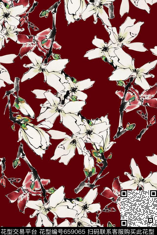 国画中国风花朵数码印花华亿平台下载（图片编号: 659065） - 瓦栏（Walan）