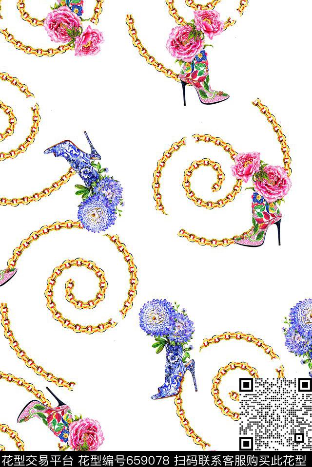 花卉高跟鞋链条数码印花华亿平台下载（图片编号: 659078） - 瓦栏（Walan）