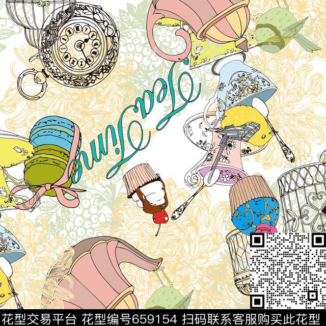 卡通时间表茶壶杯子花卉数码印花华亿平台下载（图片编号: 659154） - 瓦栏（Walan）