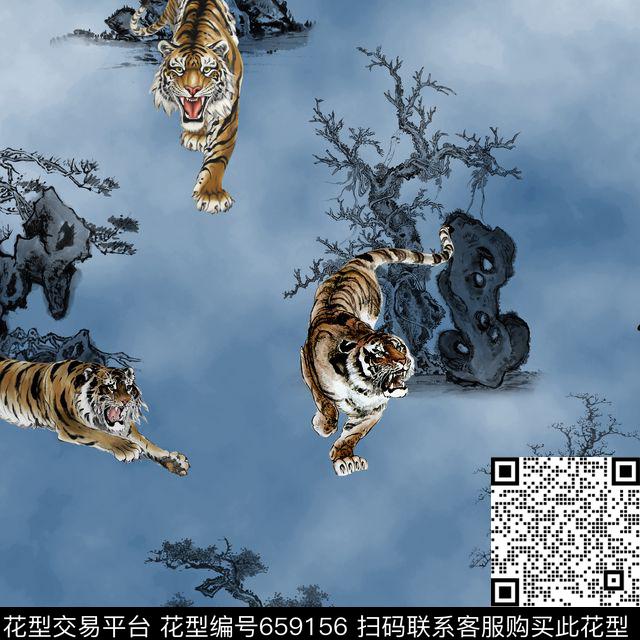 老虎中国风水墨画数码印花华亿平台下载（图片编号: 659156） - 瓦栏（Walan）