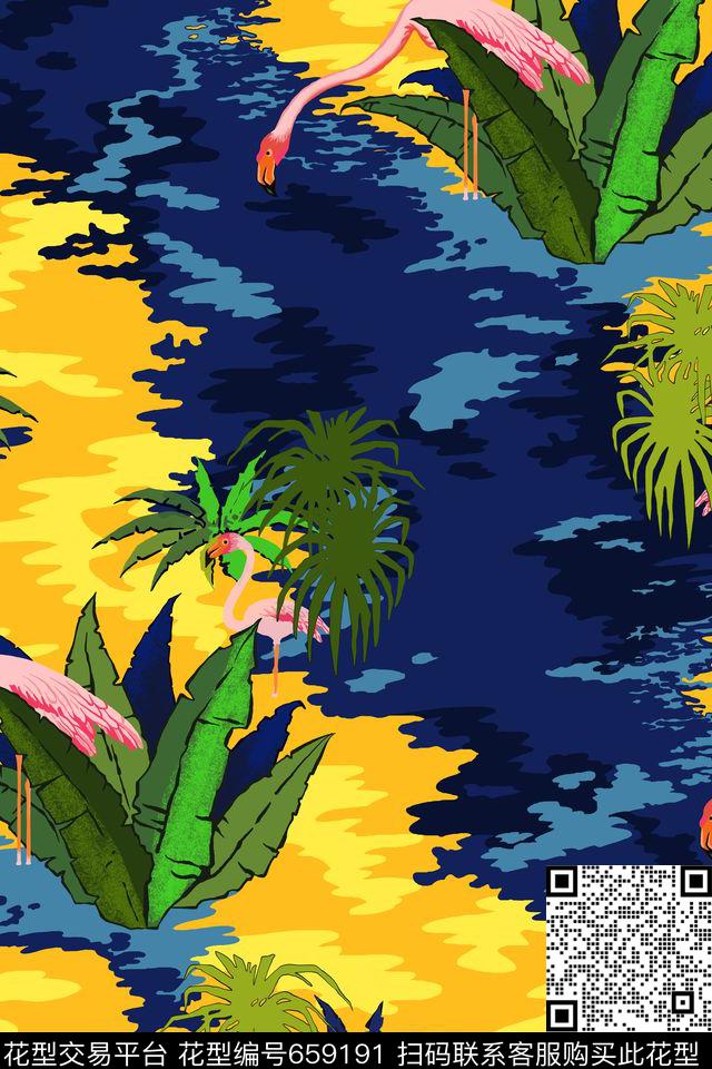 热带迷彩火烈鸟传统印花华亿平台下载（图片编号: 659191） - 瓦栏（Walan）