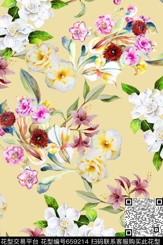 水彩迪拜花卉花卉数码印花华亿平台下载（图片编号: 659214） - 瓦栏（Walan）