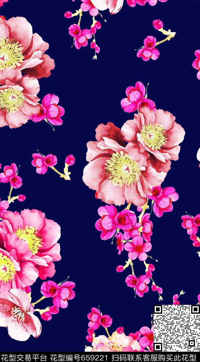 花朵花卉中国风、水墨画数码印花华亿平台下载（图片编号: 659221） - 瓦栏（Walan）