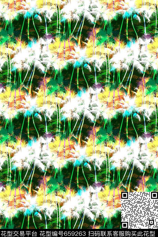 热带手绘椰树创意椰树林传统印花华亿平台下载（图片编号: 659263） - 瓦栏（Walan）