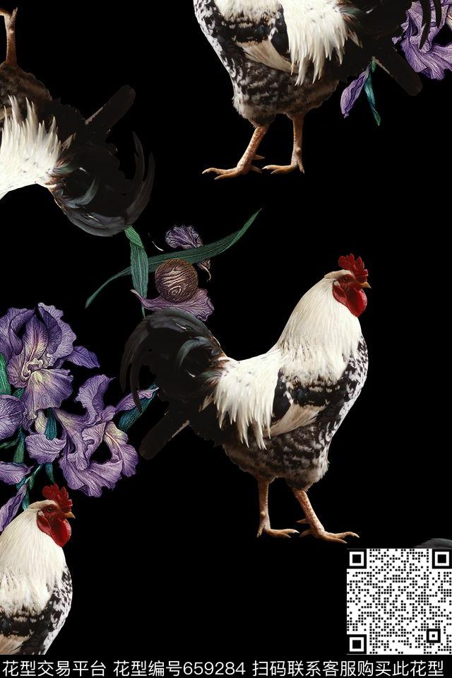 时尚抽象手绘公鸡花卉男装满版数码印花抽象设计国际大牌风格印花男装T恤外套夹克卫衣棉服潮流印花数码印花华亿平台下载（图片编号: 659284） - 瓦栏（Walan）
