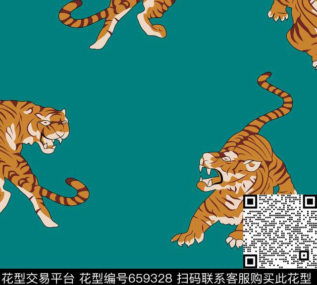 老虎卡通军绿传统印花华亿平台下载（图片编号: 659328） - 瓦栏（Walan）