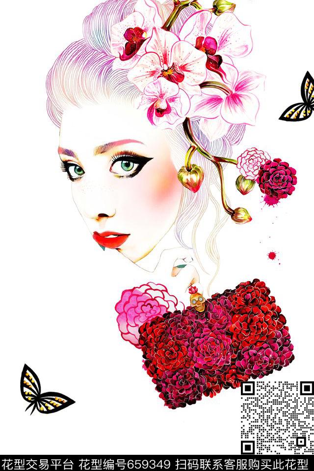 人物蝴蝶花卉数码印花华亿平台下载（图片编号: 659349） - 瓦栏（Walan）