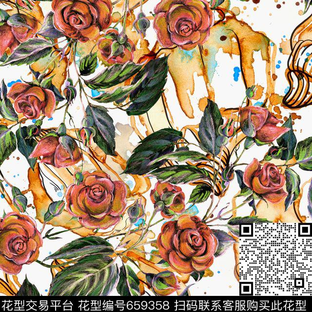 手绘肌理玫瑰数码印花华亿平台下载（图片编号: 659358） - 瓦栏（Walan）