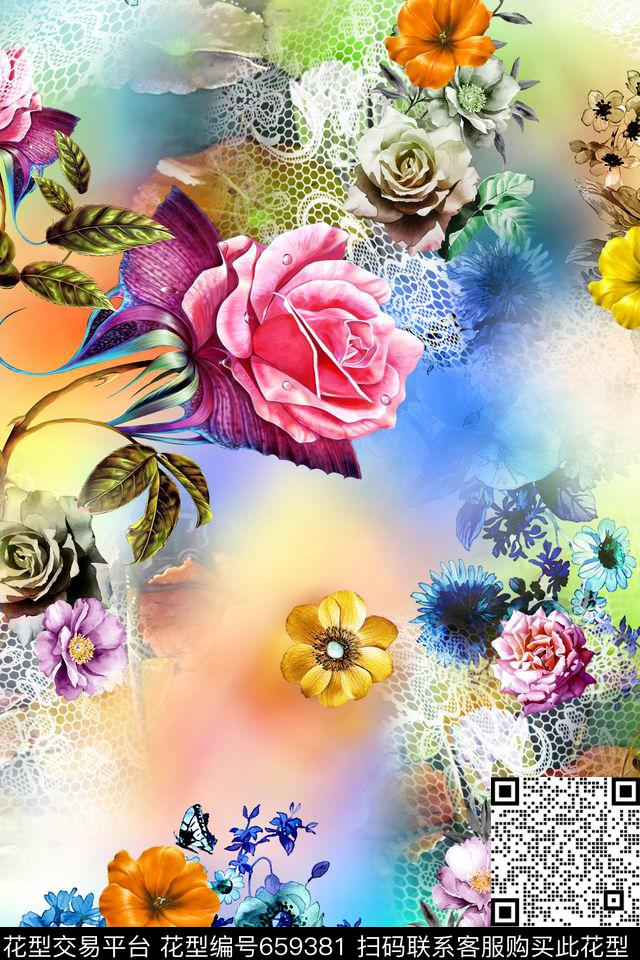 花朵花卉蕾丝数码印花华亿平台下载（图片编号: 659381） - 瓦栏（Walan）