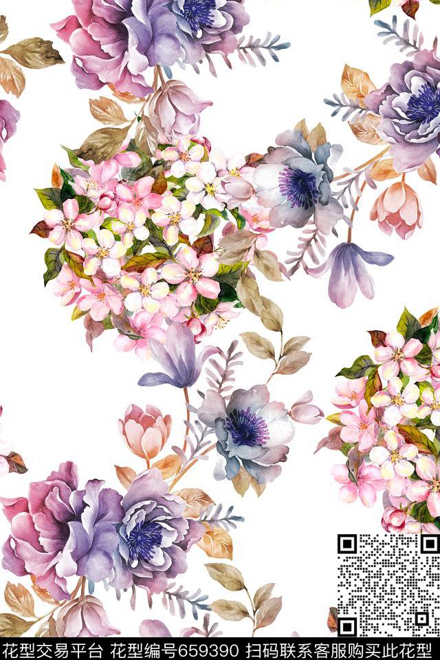 花团薰衣草手绘数码印花华亿平台下载（图片编号: 659390） - 瓦栏（Walan）