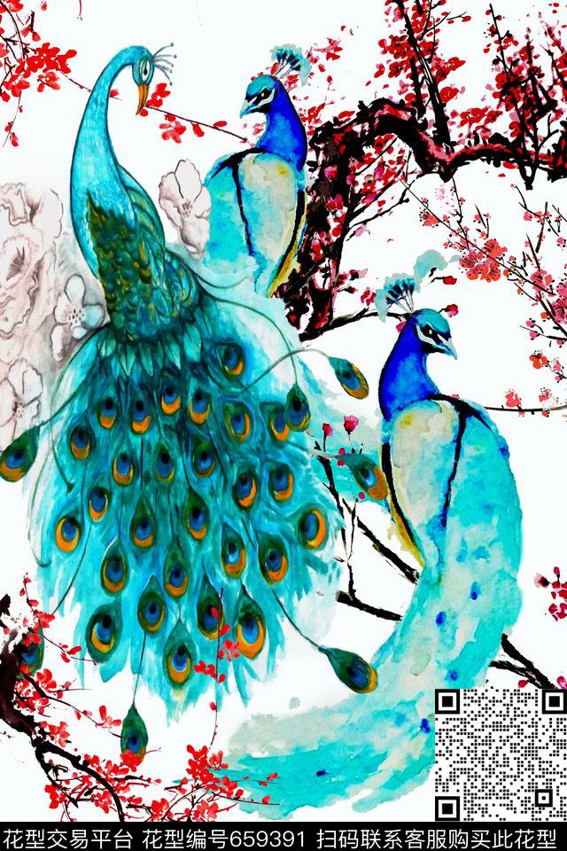 水彩梅花孔雀数码印花华亿平台下载（图片编号: 659391） - 瓦栏（Walan）