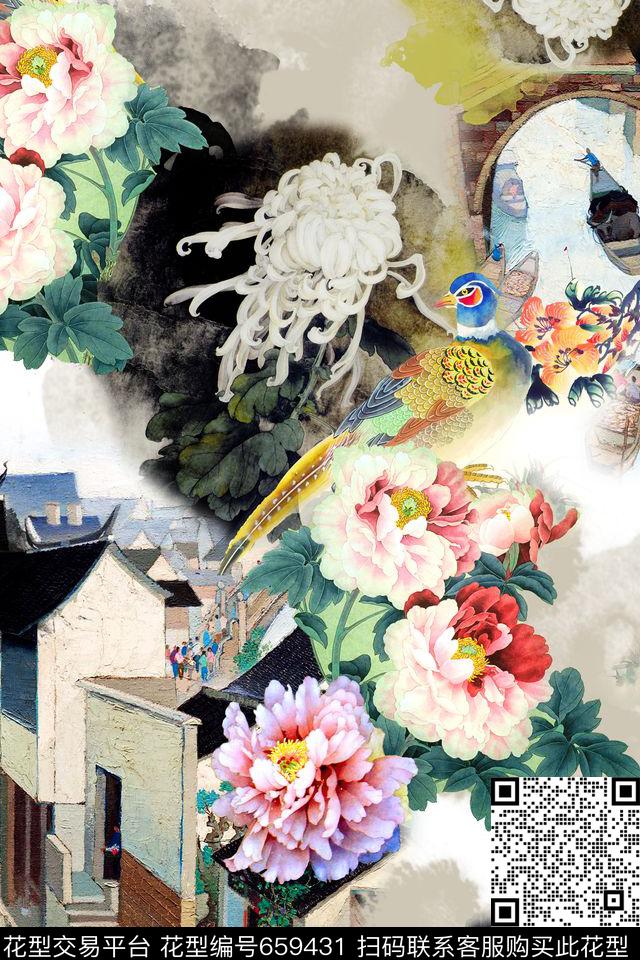 民族风中国风水墨数码印花华亿平台下载（图片编号: 659431） - 瓦栏（Walan）