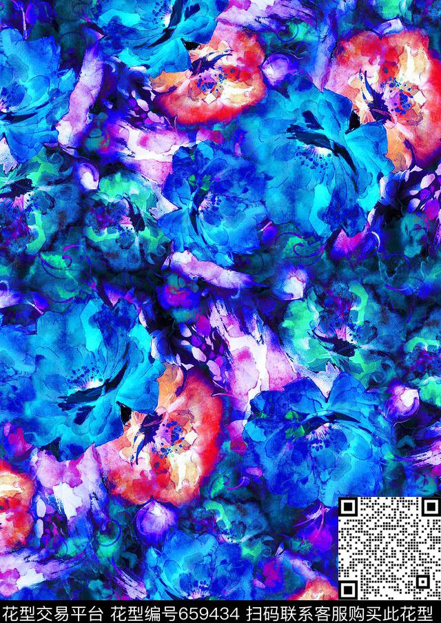 浪漫花卉水彩华亿平台时尚大牌水彩效果花数码印花华亿平台下载（图片编号: 659434） - 瓦栏（Walan）