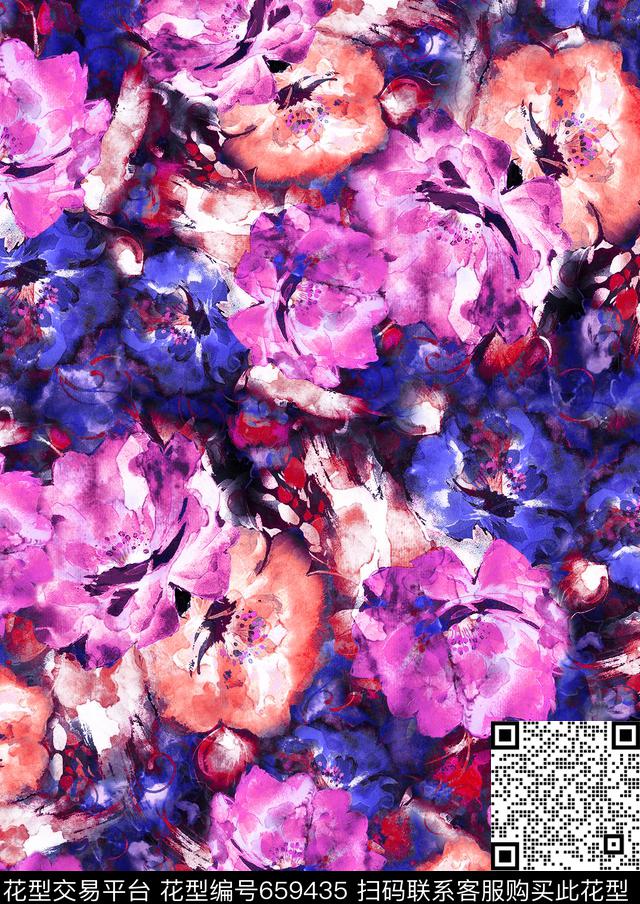 浪漫花卉水彩华亿平台时尚大牌水彩效果花数码印花华亿平台下载（图片编号: 659435） - 瓦栏（Walan）