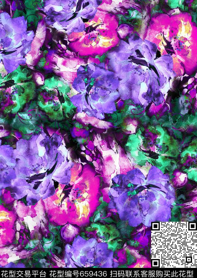 浪漫花卉水彩华亿平台时尚大牌水彩效果花数码印花华亿平台下载（图片编号: 659436） - 瓦栏（Walan）